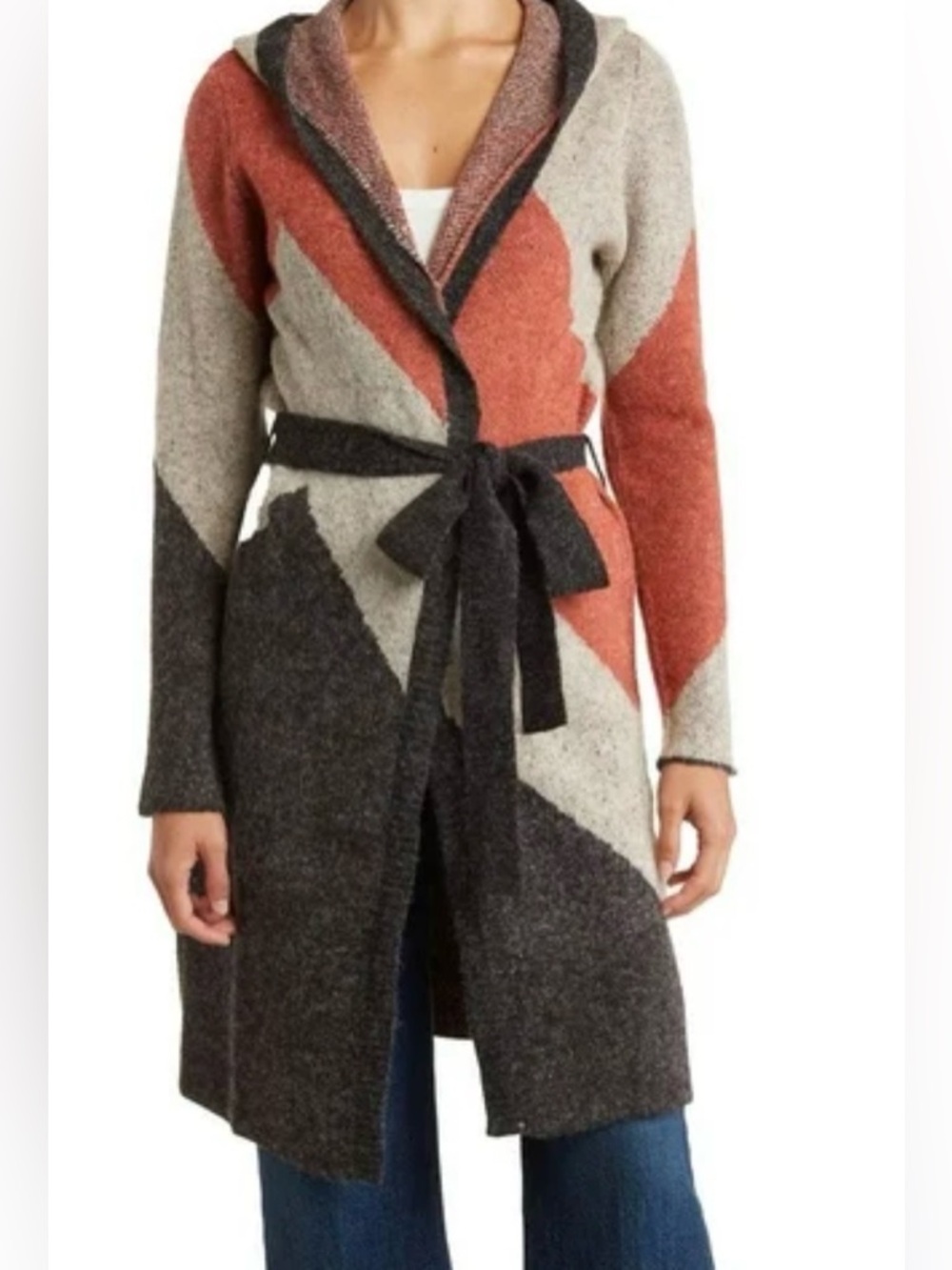 Joseph A Colorblock Open Front Hooded Cardigan